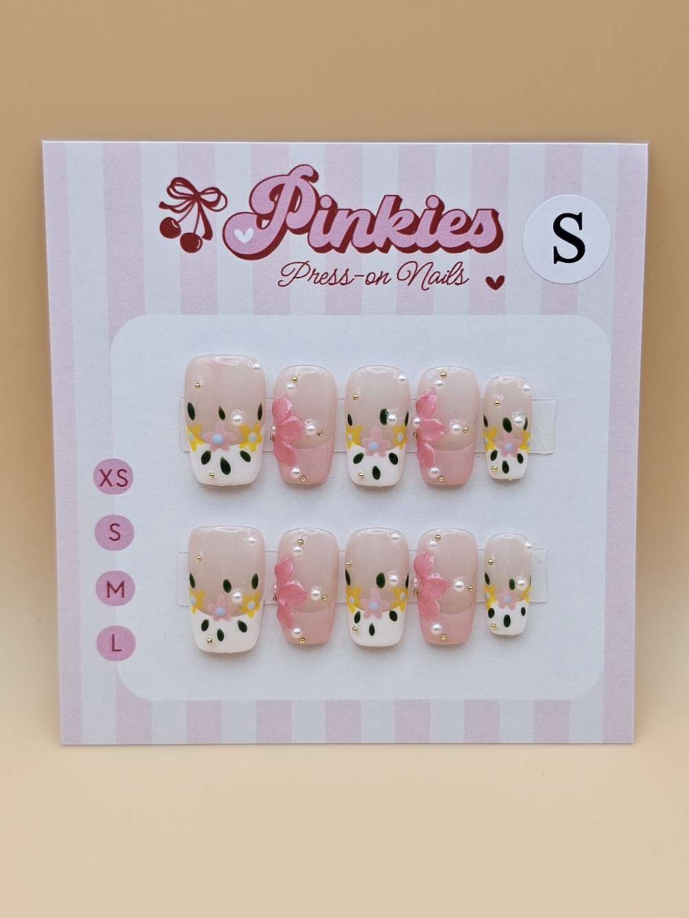 Press-on Nails Set 10pc Size S Short Square White Pink French Tips Flowers Pearl